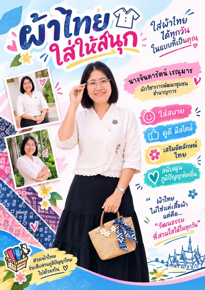 สพอ.ท่าใหม่ ขอเชิญชวนทุกท่าน ร่วมสวมใส่ผ้าไทย เพื่อสืบสานมรดกภูมิปัญญาไทย “สืบสาน อนุรักษ์ศิลป์ ผ้าถิ่นไทย ดำรงไว้ในแผ่นดิน”